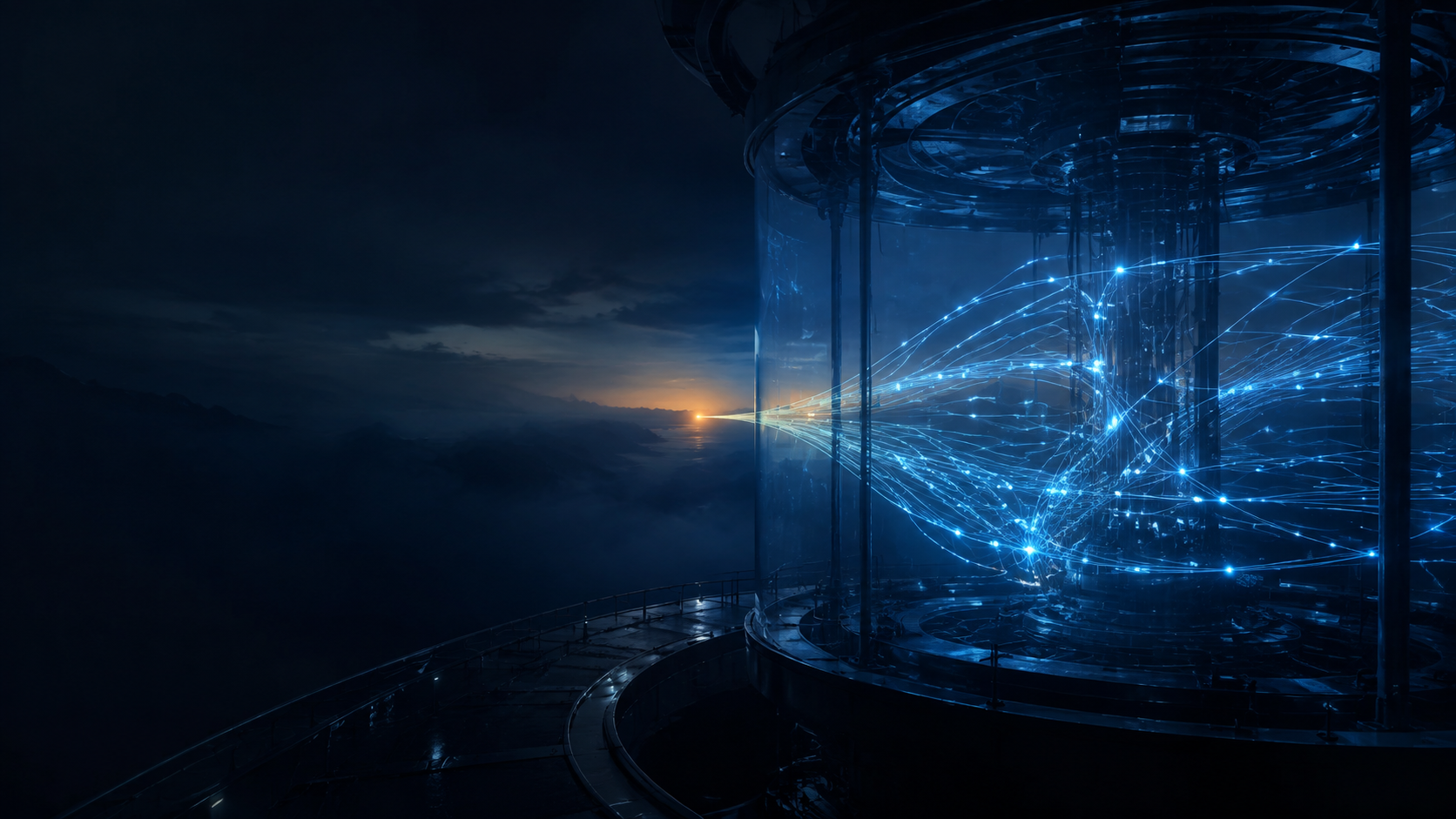 Illuminated autonomous pathways pass through a dark observatory, with only one faint line reaching a warm horizon.