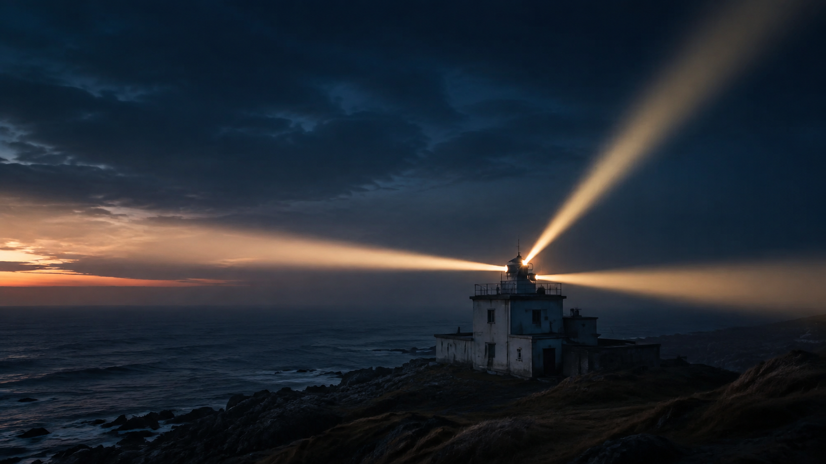 Three beams from a coastal signal station travel over dark water in different directions.