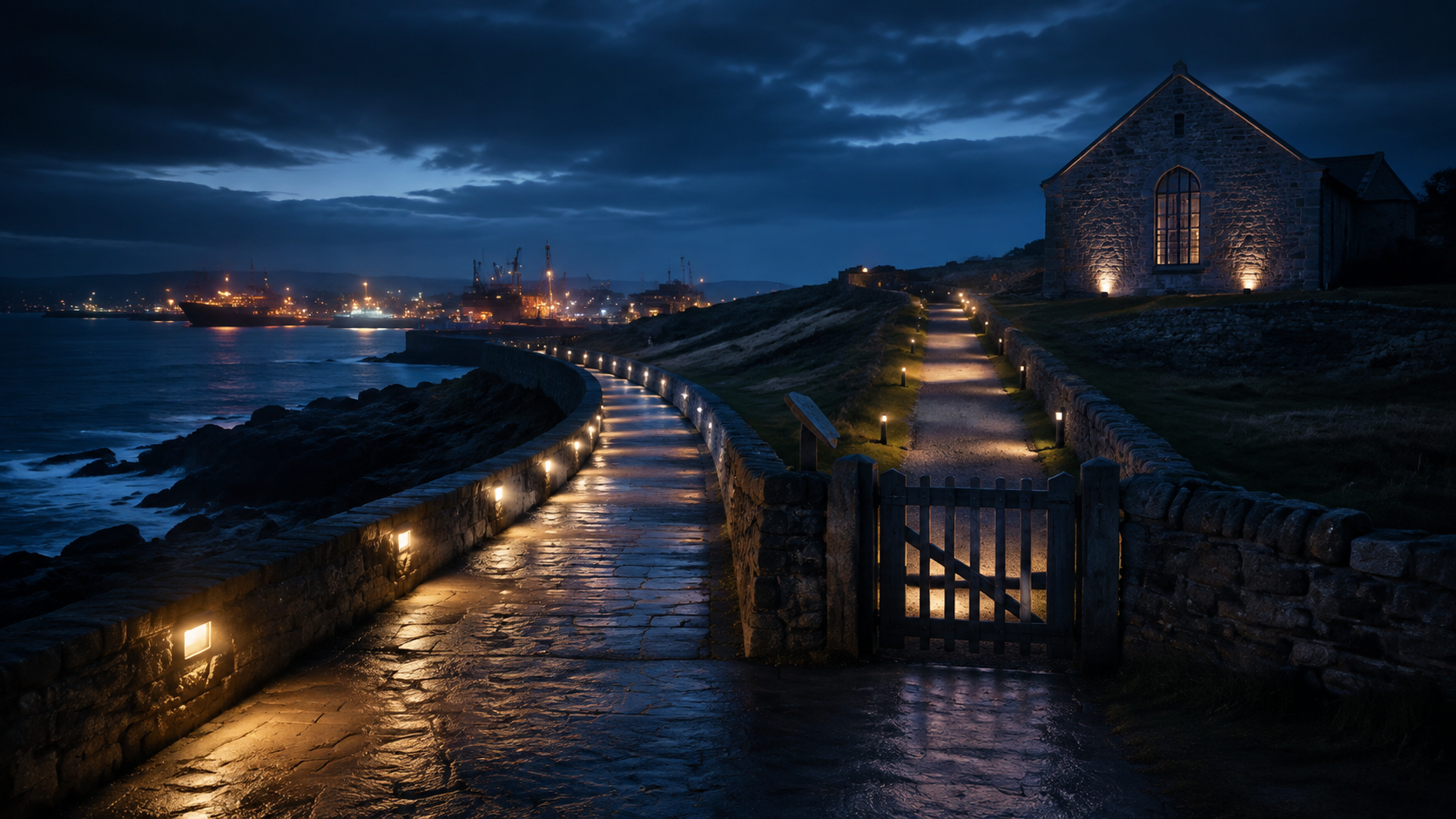 Two parallel coastal paths lead toward a busy harbor and a quiet archive building.