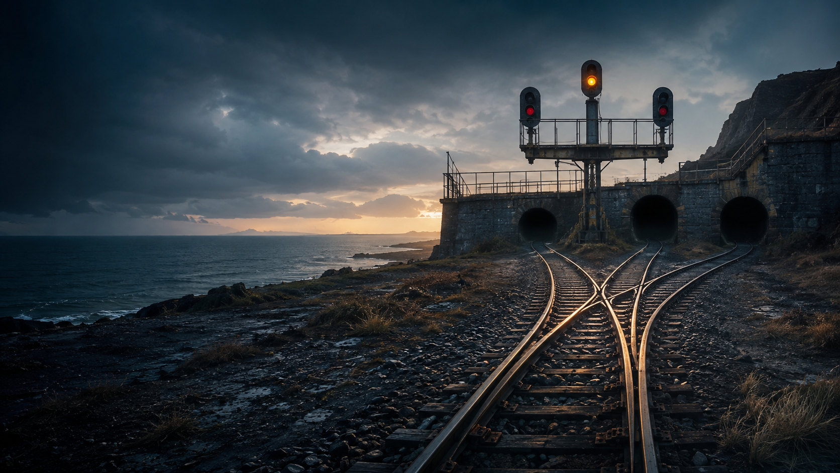 A coastal signal station sends three routes in different directions as morning light breaks through.