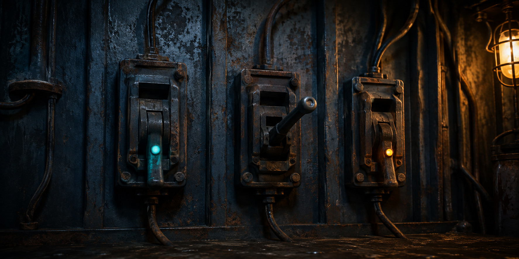 Three heavy industrial circuit breakers sit on separate channels in a dark maritime signal room.